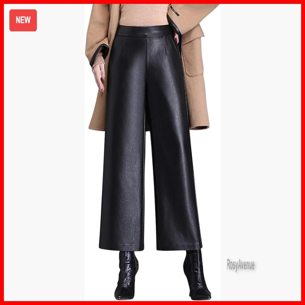 Faux Leather Wide Leg Palazzo Pants High Waist Elastic Ankle Length